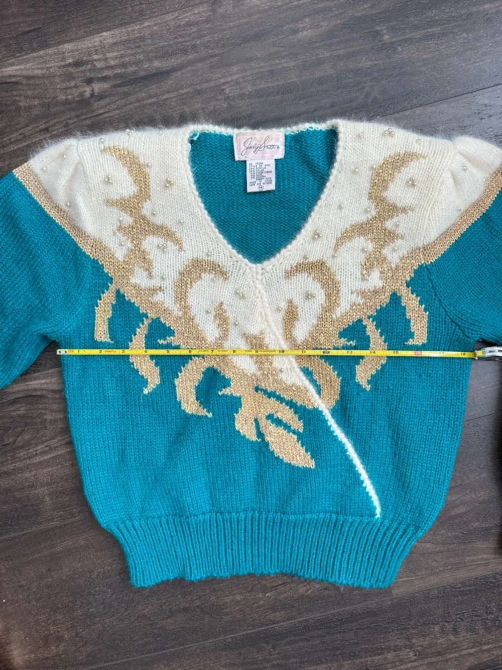 Vintage Jacklyn Smith Beaded Angora Sweater Teal Gold Fits S